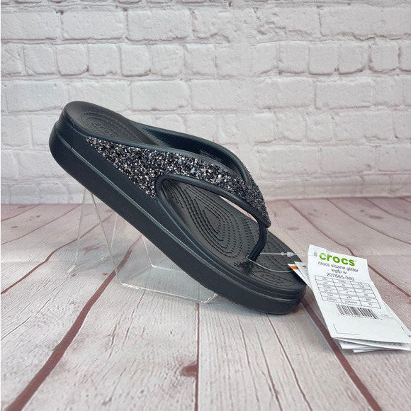Crocs Sloane Glitter Black Wedge Thong Flip Flops Sandals Women’s Size 10 - Picture 2 of 10